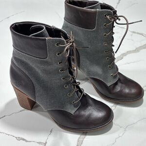 Timberland Glancy Grey Burgundy Leather Block Heeled Lace up Boot Women's 10